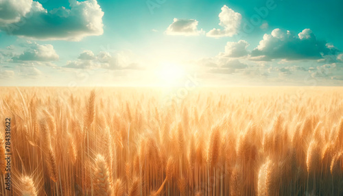 Golden wheat field basking in sunlight, embodying Thanksgiving's spirit of abundance and the staple wheat products that grace festive tables. photo