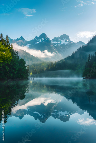 Serenity Embodied: Pristine Lake Encapsulated by Verdant Forest and Majestic Mountain