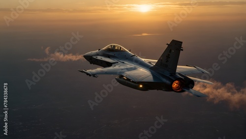 A sleek fighter jet streaks through a clear blue sky photo