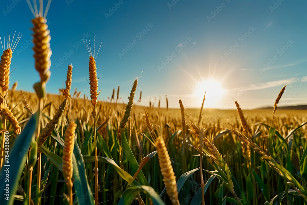 Naklejka premium Wheat field at sunrise, symbolizing Shavuot, for agriculture, food industry, and religious holiday content.