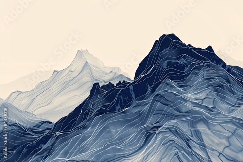 Abstract blue mountain line art marble texture with color splashes luxury background