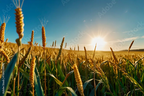 Wheat field at sunrise, symbolizing Shavuot, for agriculture, food industry, and religious holiday content.