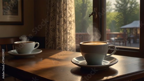 A richly brewed espresso in a quaint cafe, the steam rising in delicate wisps, dancing in the gentle morning light that filters through the lace curtains. The wooden table, weathered yet sturdy, provi