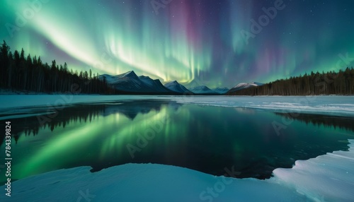 A majestic night sky hosts a spectacular aurora borealis display over an icy landscape, with the horizon crowned by snow-capped mountains and a clear, reflective lake.