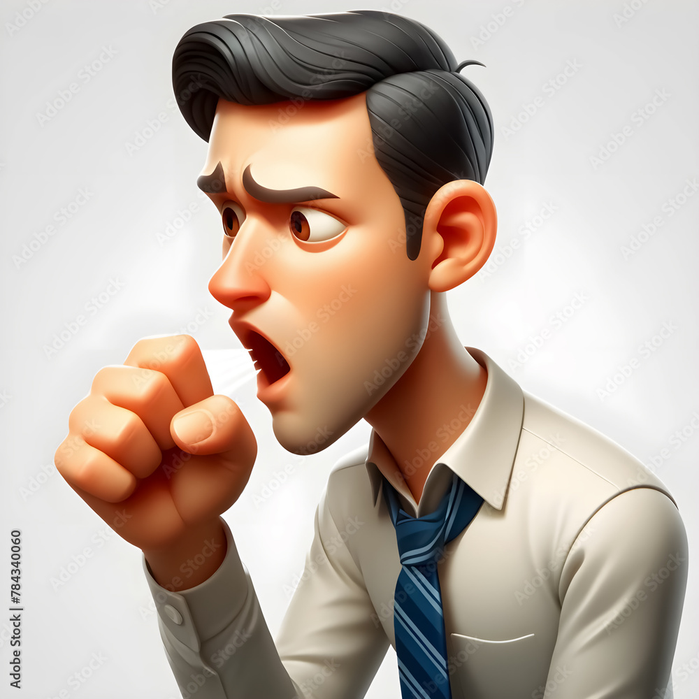3D Caricature of Sick Man Coughing and Clearing Throat, Fever and Dry