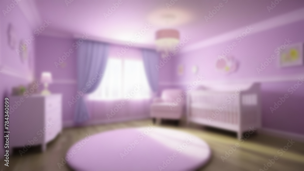 Blurred view of modern stylish baby room interior. Home pink interior decoration in children's girl bedroom Blurred view of modern stylish baby room interior. Home pink interior decoration in children's girl bedroom