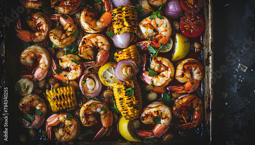 Sheet Pan Shrimp Boil, natural lighting, flavorful plating