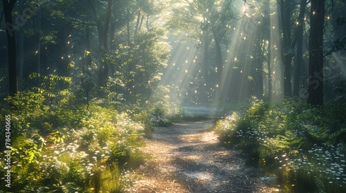 Nature scene: forest path in the soft morning light photo