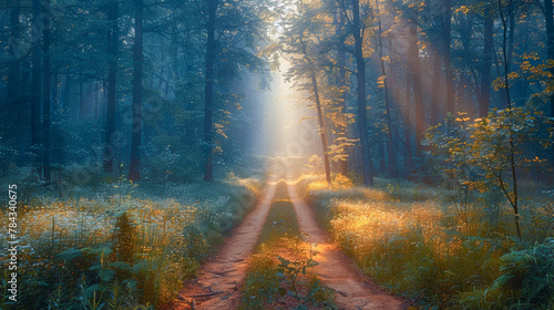 Nature scene  forest path in the soft morning light