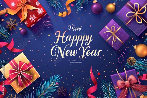 A vibrant and cheerful Happy New Year background filled with colorful presents and festive decorations © Multiverse