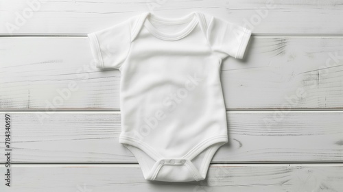 Baby bodysuit mockup, white short-sleeved bodysuit model, white floor background photo