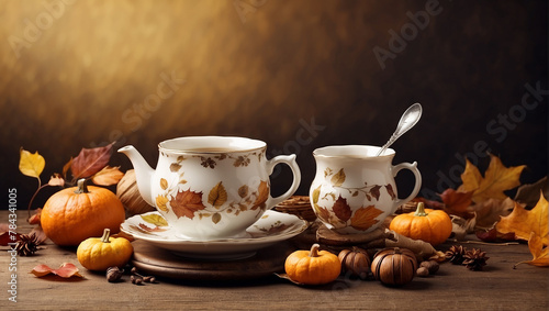 A table set with tea and surrounded by pumpkins and fall leaves.