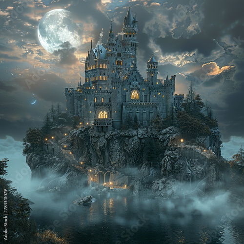 Enchanted castle, hovering on a misty cliff