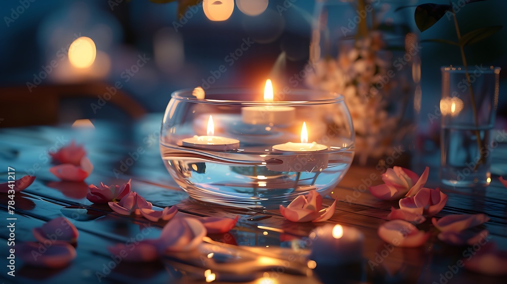 A low, wide-mouthed vase with a ripple effect, filled with floating candles and flower petals for a romantic dinner setting