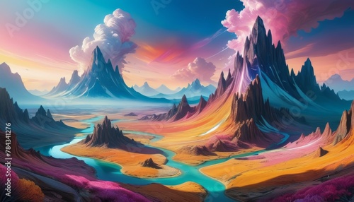 A breathtaking digital painting of a surreal fantasy landscape with towering spires, vibrant terrain, and a winding river under a dreamy sky.