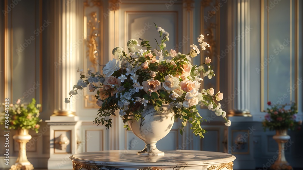 A luxurious, vase with a swirling marble pattern, filled with a cascade of ivy and blooming flowers on a grand entry table