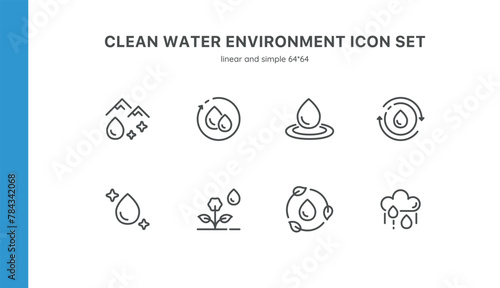 Clean Water and Environment Icons Set. Outline 64x64 Pixel Perfect Vector Symbols for Water Purification, Conservation, and Ecology.