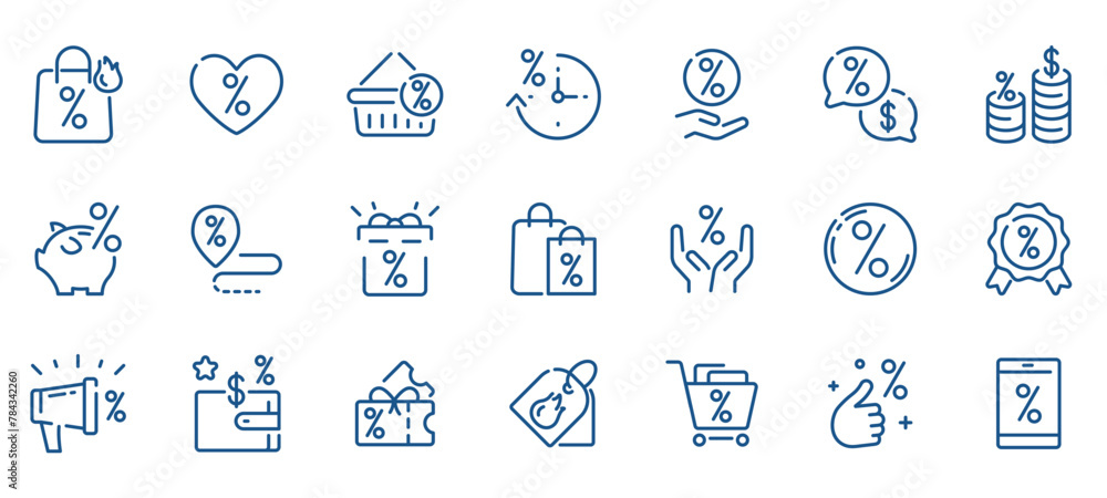 Hot Sale and Great Deals Icon Set: Discounts, Coupons, and Shopping Favorites. Features Piggy Banks, Price Drops, Promo Vouchers, and Gift Bags. Editable Linear Vector Icons for Retail, E-commerce