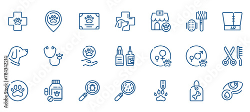 Pet Care and Veterinary Services Icons. Outline Vector Set for Vet Clinic, Animal Health, Dog Grooming and Emergency. photo