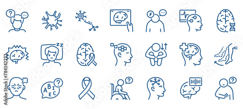 Neurodegenerative Disorders Icon Set: Brain Cells, MRI, CT Scans, and EEG. Includes Neurons, Synapses, and Icons for Parkinson’s, Multiple Sclerosis, and Epilepsy. Editable Linear Vector Collection