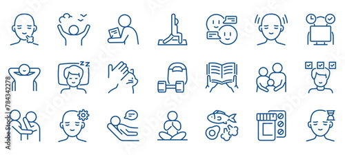 Stress Management Icon Set: Techniques and Activities to Relieve Stress. Includes Yoga, Healthy Sleep, Sports, Reading, and Proper Breathing. Editable Linear Vector Icons for Psychological Support.