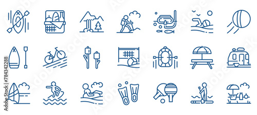 Outdoor Activities Icon Set: Camping, Hiking, Rafting, Diving, and Beach Sports. Features Icons for Mountain Treks, Wildlife Viewing, and Summer Travel. Editable Linear Vector Nature Collection