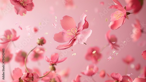  Picture a stunning image capturing fresh quince blossoms, their beautiful pink flowers appearing to defy gravity as they fall gently through the air. 