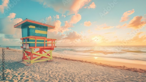  Imagine the iconic lifeguard hut standing proudly on the golden sands of Miami's South Beach. As the sun rises over the horizon, casting its warm rays across the landscape © Marry