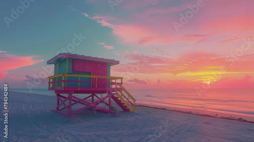  Imagine the iconic lifeguard hut standing proudly on the golden sands of Miami's South Beach. As the sun rises over the horizon, casting its warm rays across the landscape © Marry