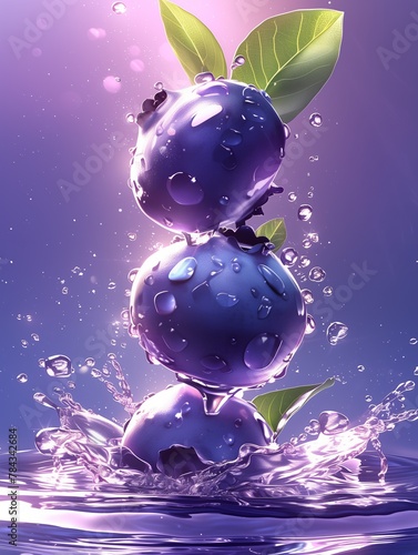 AI generated illustration of a stack of floating blueberries submerging in water