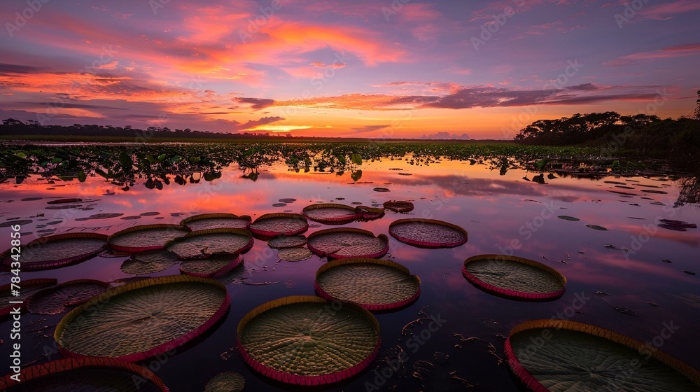 AI-generated illustration of giant lily pads on the serene water at sunset - obrazy, fototapety, plakaty 