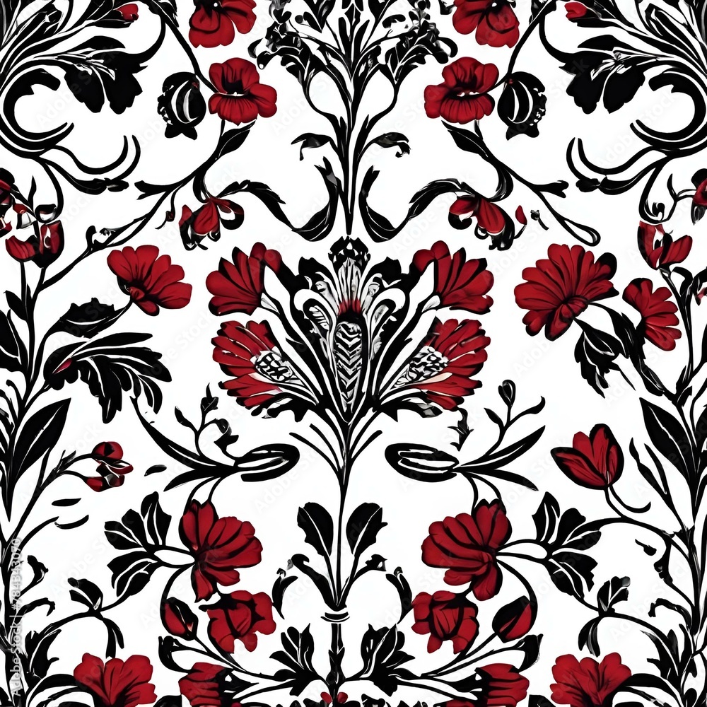 AI generated illustration of floral pattern on white and red fabric with black and red flowers