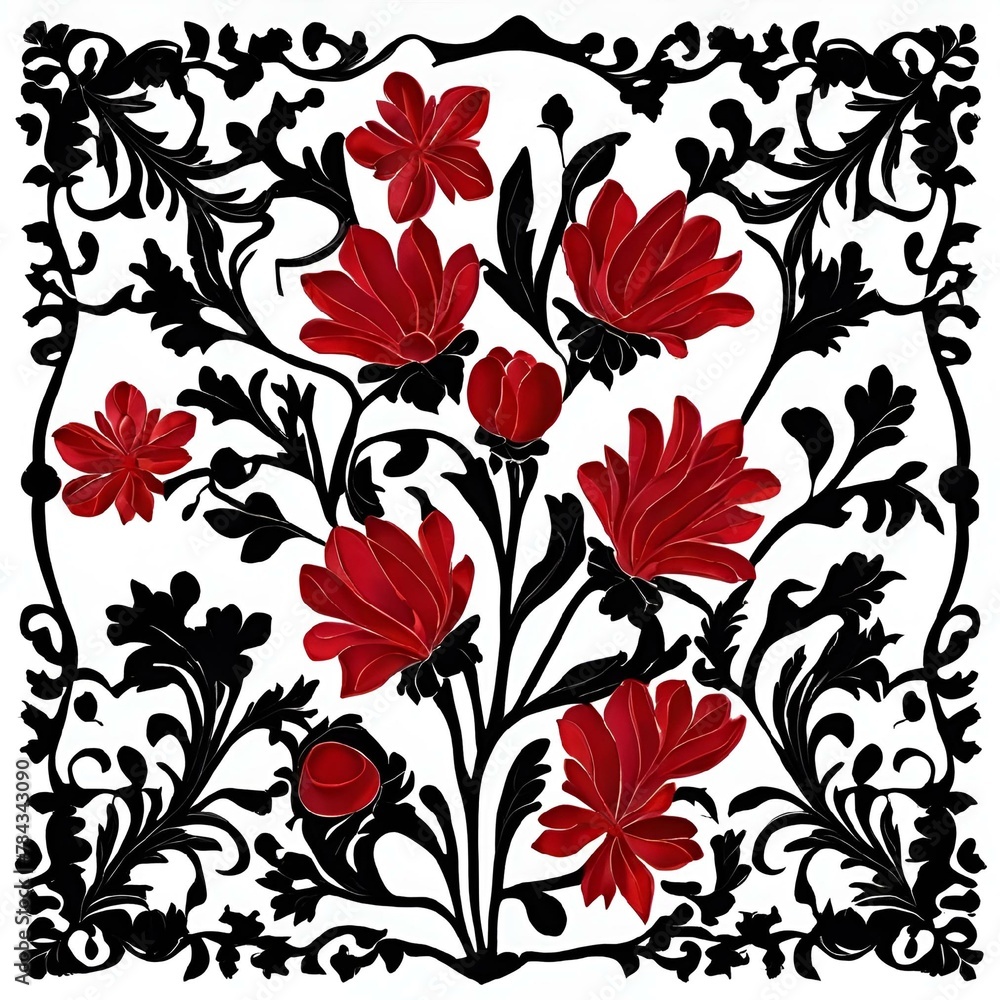 AI generated illustration of stylized black and white illustration of red flowers