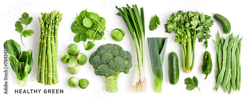 Green healthy vegetable collection isolated on white background.