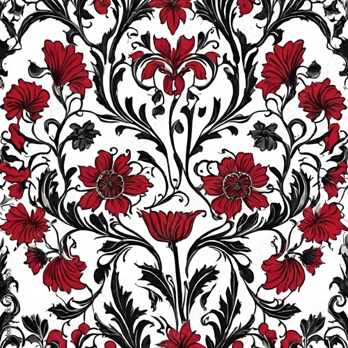 AI generated illustration of floral pattern featuring black and red flowers on white backdrop