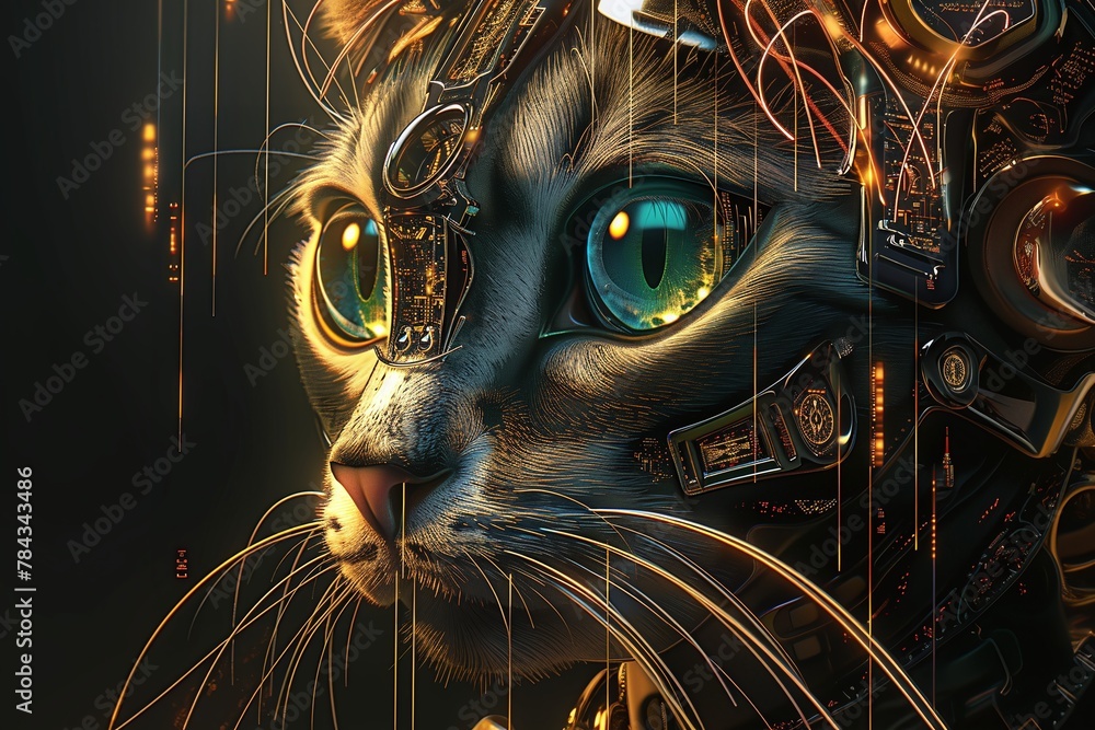 AI generated illustration of a cat with large blue eyes wearing a ...