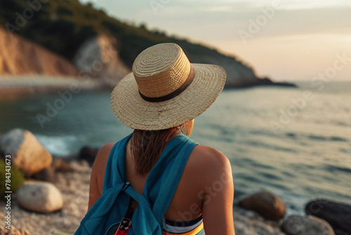 Girl with backpacks camping on the beach on summer vacation. Backpacking vacation concept