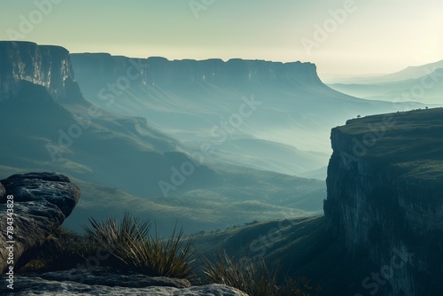 A Mountain vista with distant peaks, two figures gazing at the valley: Chapada Diamantina photo