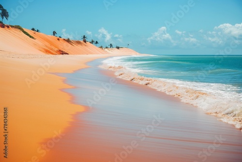 waves lapping on a bright red sand beach in the afternoon