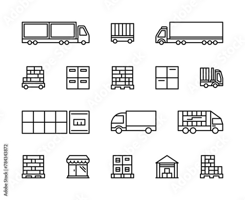 Logistics and cargo transportation vector linear icons set. Logistics icons of cargo vehicles, delivery, product, shop and more.