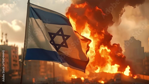Israeli flag Burning and destroyed city on the background by war. Concept of crisis of war. City is burning after military attacks. Concept of war Israel and Iran photo
