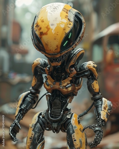 a cute alien figure in futuristic attire with blurred background