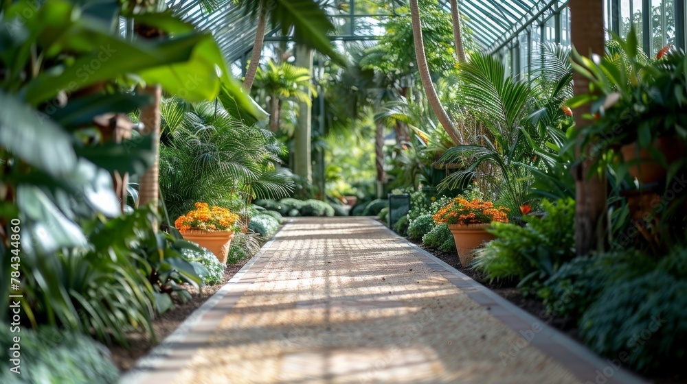 A peaceful pathway winds through a lush indoor botanical garden, flanked by vibrant tropical plants and dappled sunlight, inviting a serene stroll.