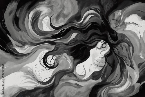 A black and white surreal illustration of a woman depicting anxiety, depression or heavy burden.