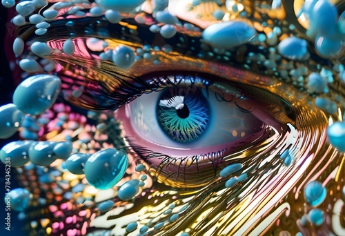 AI generated illustration of a splashing eye with floating bubbles