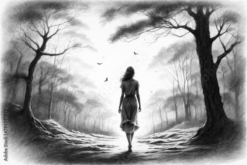 A black and white illustration of a woman with a white dress walking in a eerie woods, depicting anxiety, depression or heavy burden. photo
