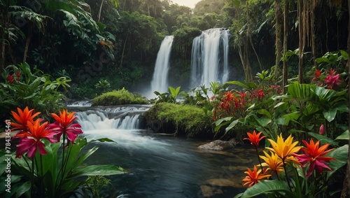 an open river with tropical plants and water falls in the background © Wirestock