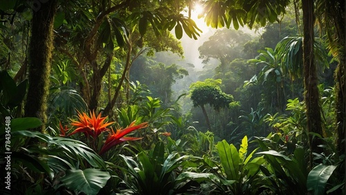 a tropical forest scene with green foliage and sun coming through the trees