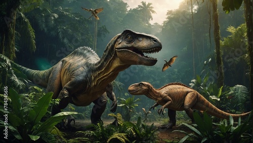 a couple of dinosaurs in a jungle next to each other © Wirestock