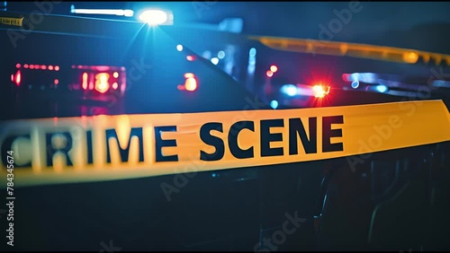 Crime scene tape with blurred police lights at night. photo